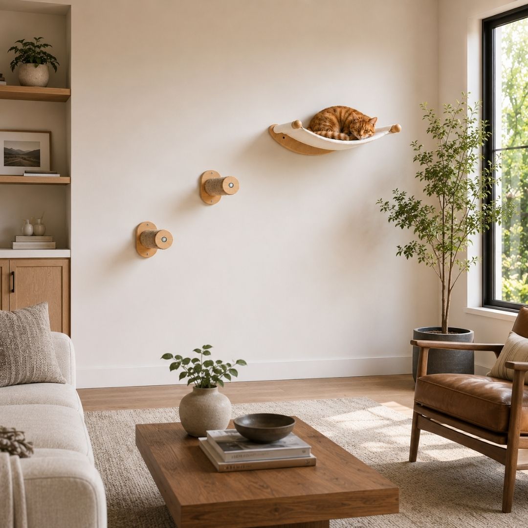 Cat resting in a wall mounted cat hammock in a minimal modern living room — 7 Ruby Road ALTO