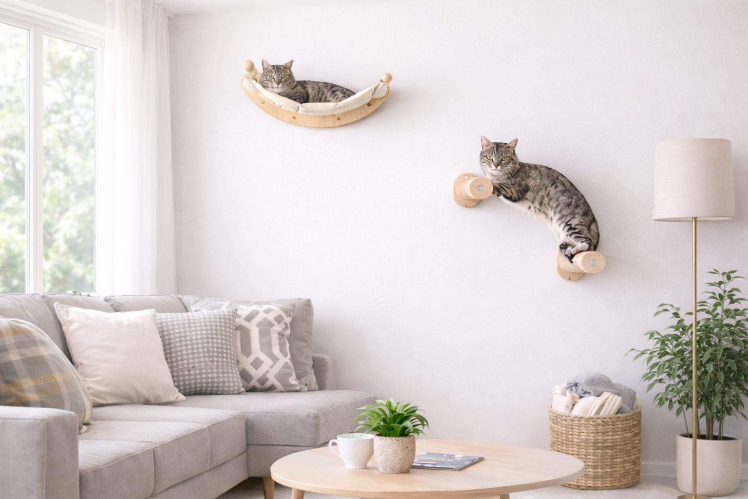 Cat sleeping in a wall mounted cat hammock from 7 Ruby Road