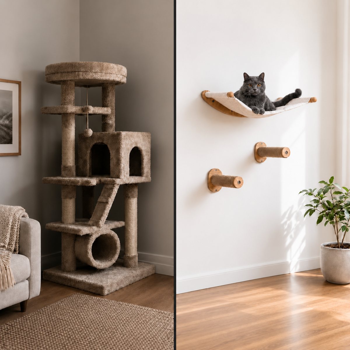 Bulky floor-standing cat tree compared with a space-saving wall-mounted cat hammock and climbing steps
