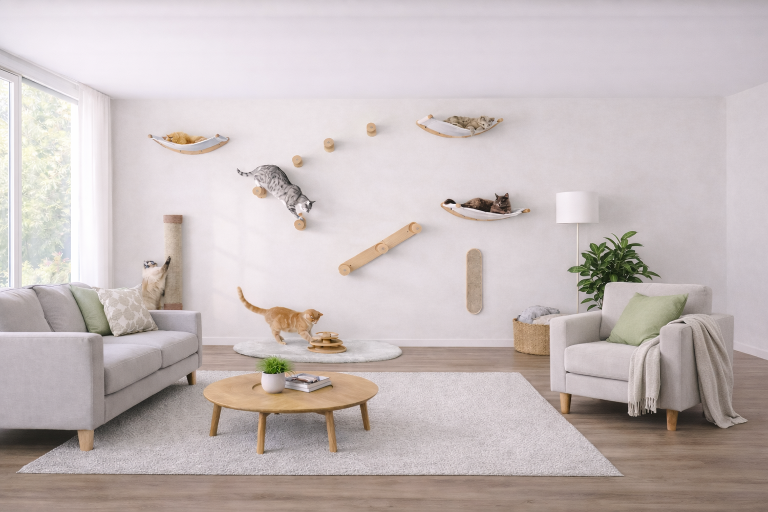A styled cat wall of wooden steps, hammocks and scratchers on a neutral wall, with cat climbing and lounging