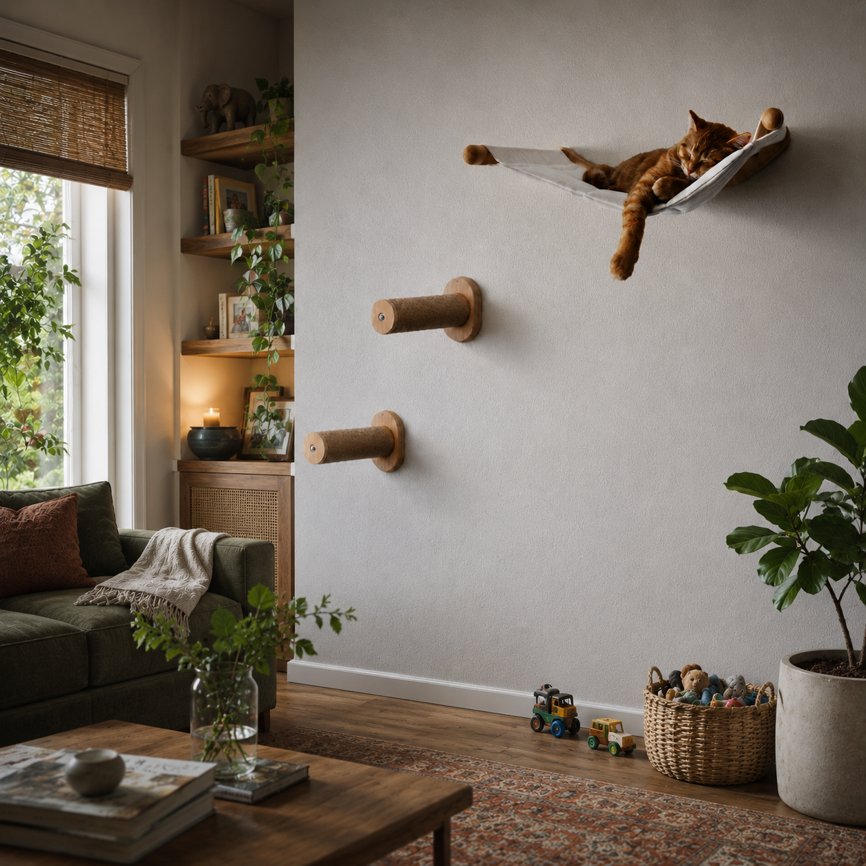 A wall-mounted wooden cat hammock styled on a neutral living-room wall alongside shelves and plants