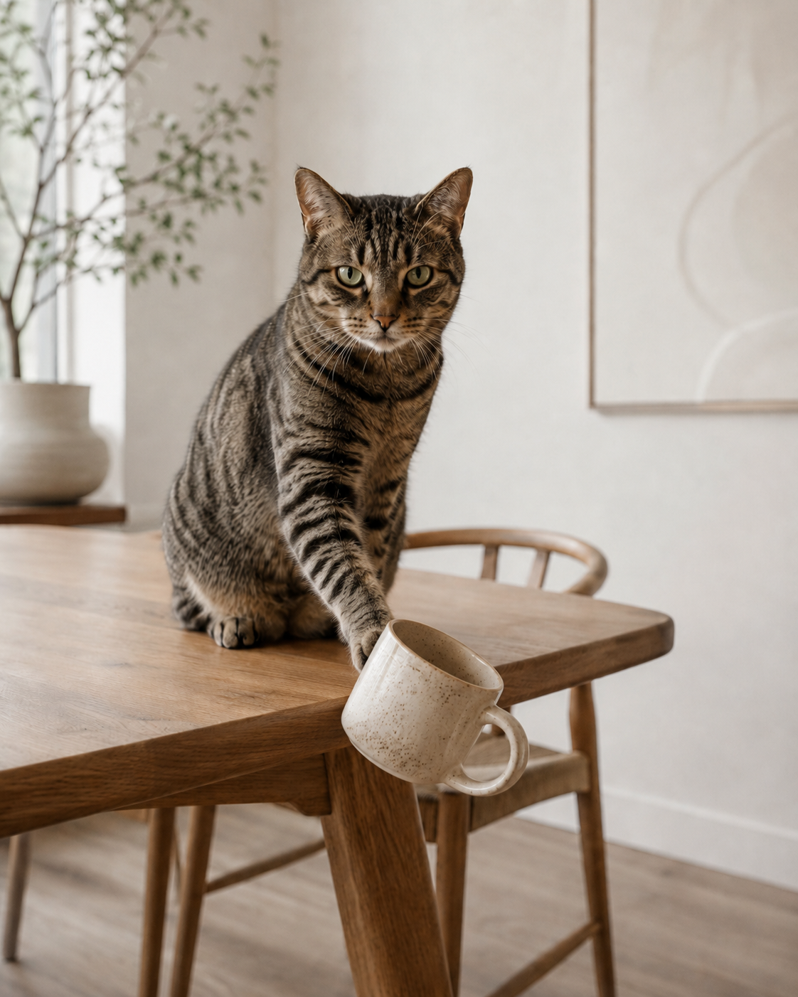 A cat sitting on a dining table and using its paw to knock a cup off the edge of a table, looking up, in a bright neutral-toned room